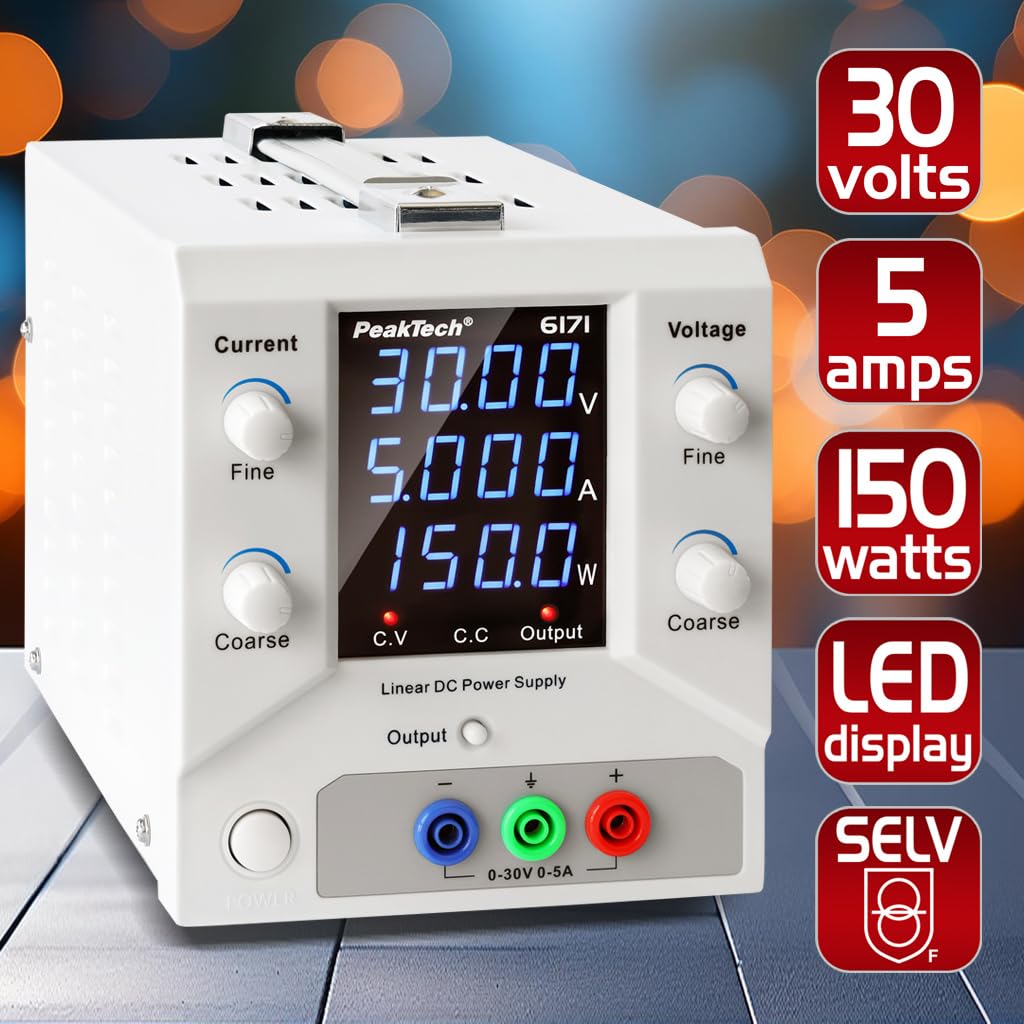 PeakTech 6171 - Alimentatore da laboratorio 0-30 V/0-5 A DC SELV lineare con trasformatore di separazione, alimentatore di rete da laboratorio