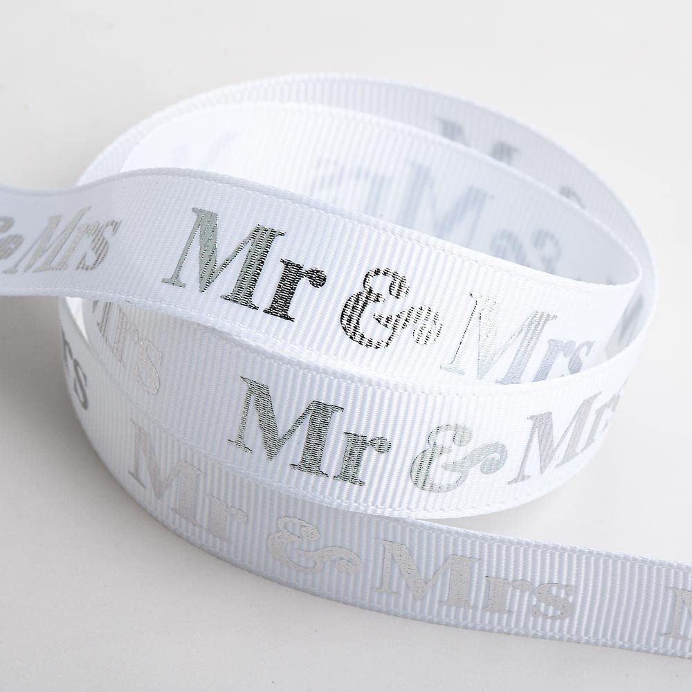 Italian Options Mr & Mrs Ribbon White/Silver Grosgrain (16mm x 10M)