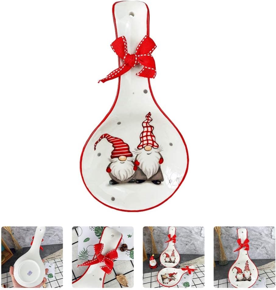 Angoily Christmas Gnomes Spoon Rest, Ceramic Spoon Holder for Stove Top, Cute Festive Cooking Utensil Rest, Easy to Clean Dishwasher Safe, Xmas Festive Holiday Dining Storage Farmhouse Decorative Rack