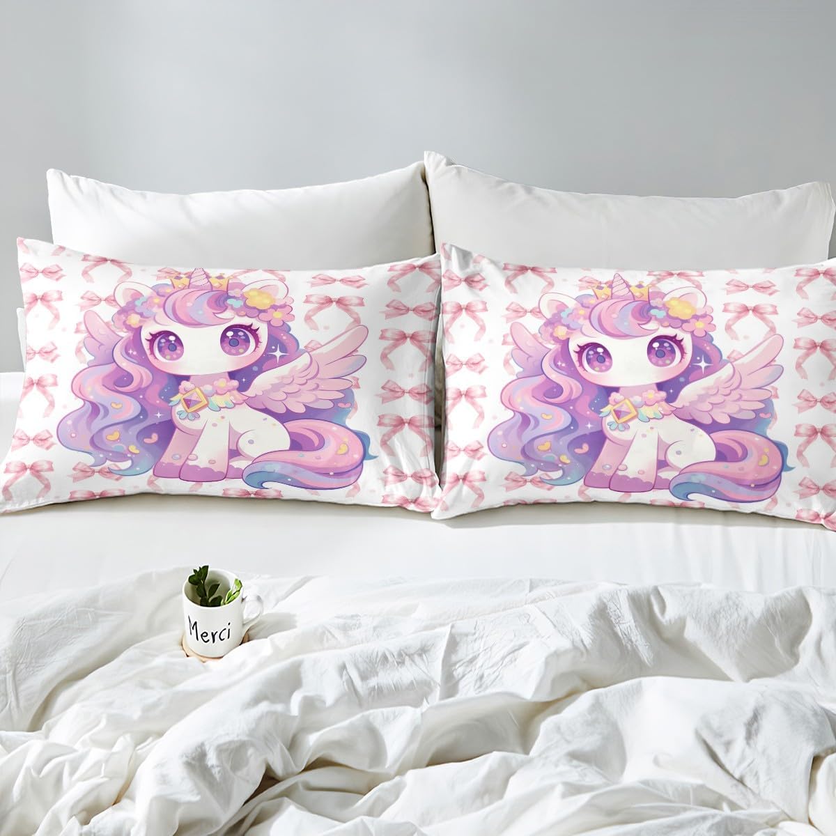 Erosebridal Girls Unicorn Duvet Cover Kawaii Bowknot Princess Bedding Sets for Toddler Kids Cute Bow Bed Set Pink Bow Fantasy Unicorn Bed Cover Toddler with 1 Pillowcase, No Comforter