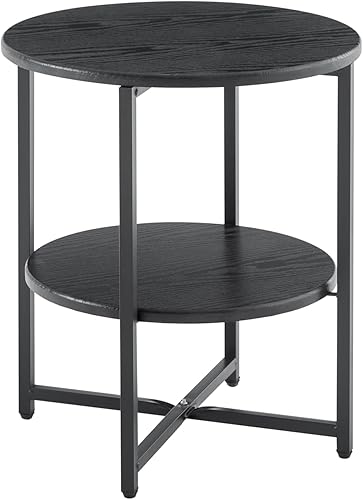 Miniatura 5 de Mesa auxiliar circular compacta negra  Mesa auxiliar multiusos con doble estante para espacios pequeños