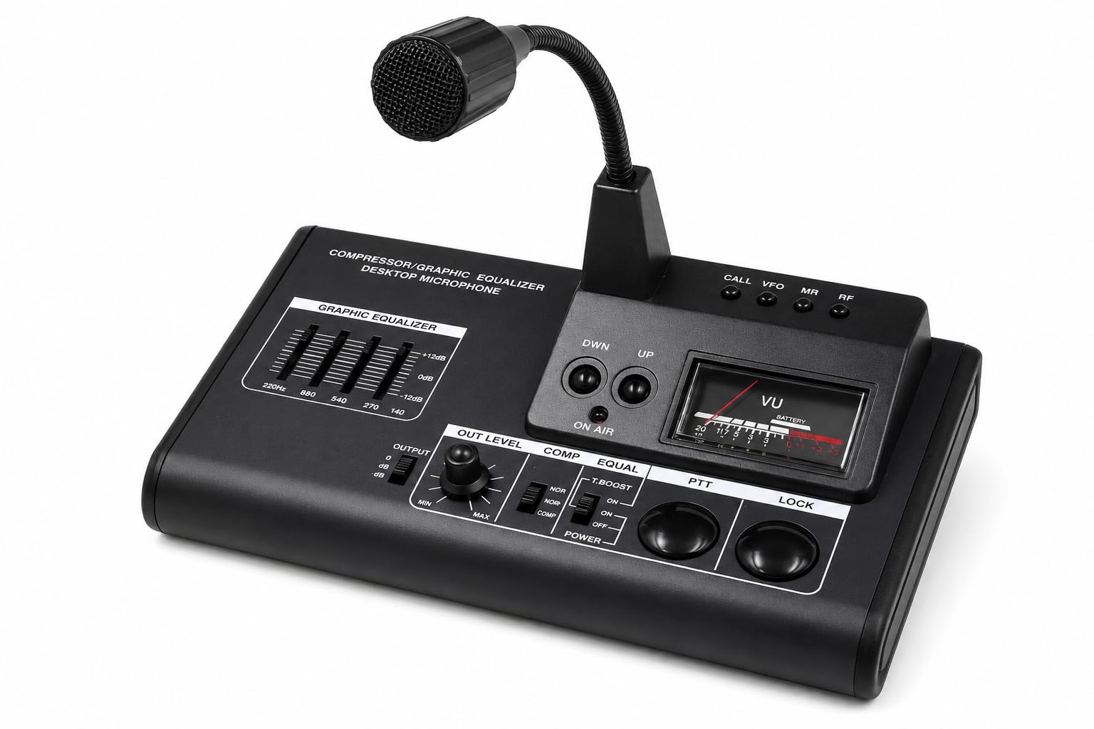 AVAIR AV-908 Micrófono de sobremesa HF/VHF/UHF RJ-45 con Ecualizador | Ecualizador gráfico de 4 bandas, compresión ajustable en 3 niveles, cápsula cerámica y monitor de batería