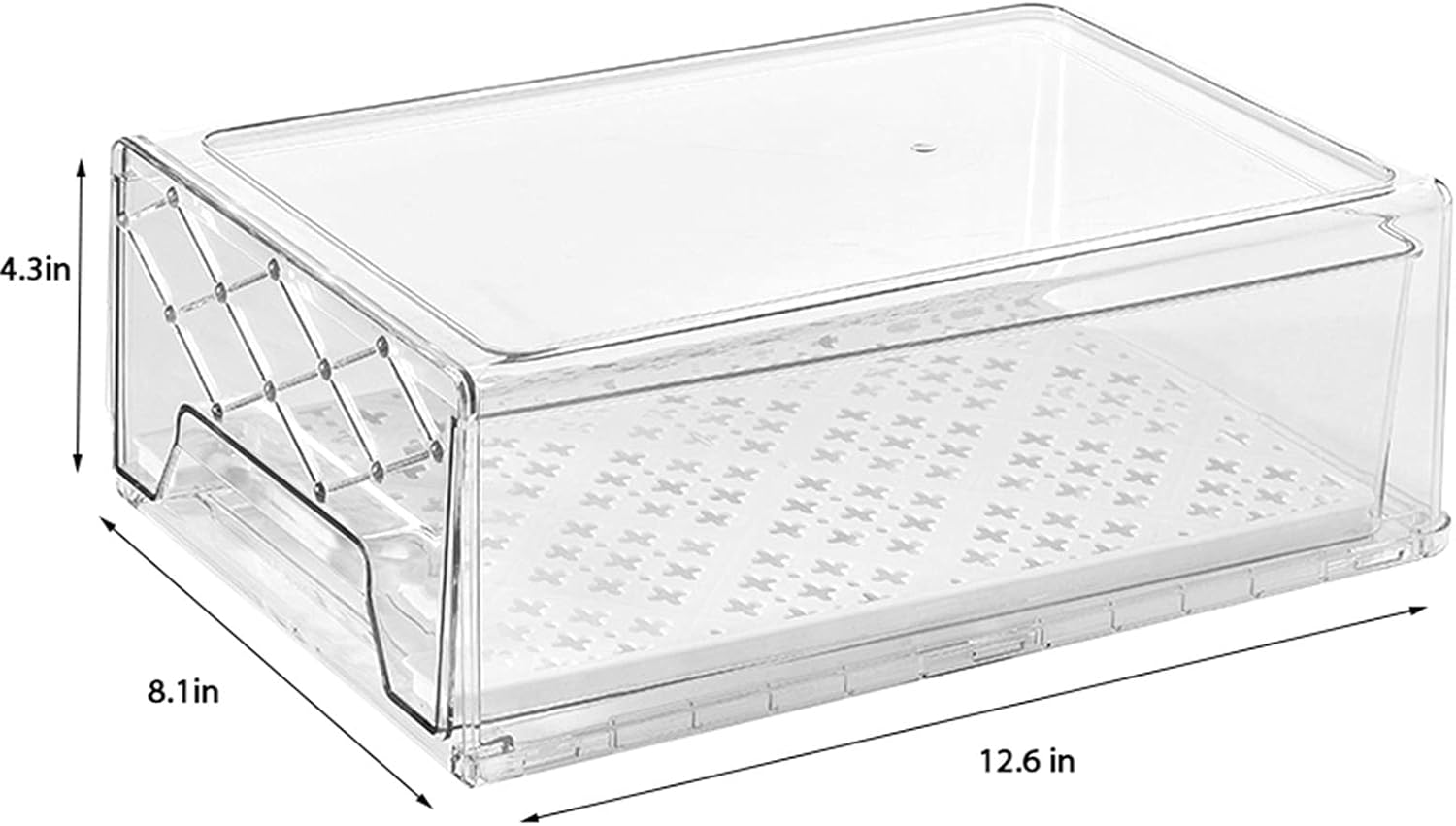 GuoTcusy Fridge Organizer Bins, Pantry Organization and Storage, Plastic Stackable Drawer Container with Removable Drain Tray for Kitchen, Refrigerator and Cabinets (2 PACK, 12.6"L x 8.1"W x 4.3"H)