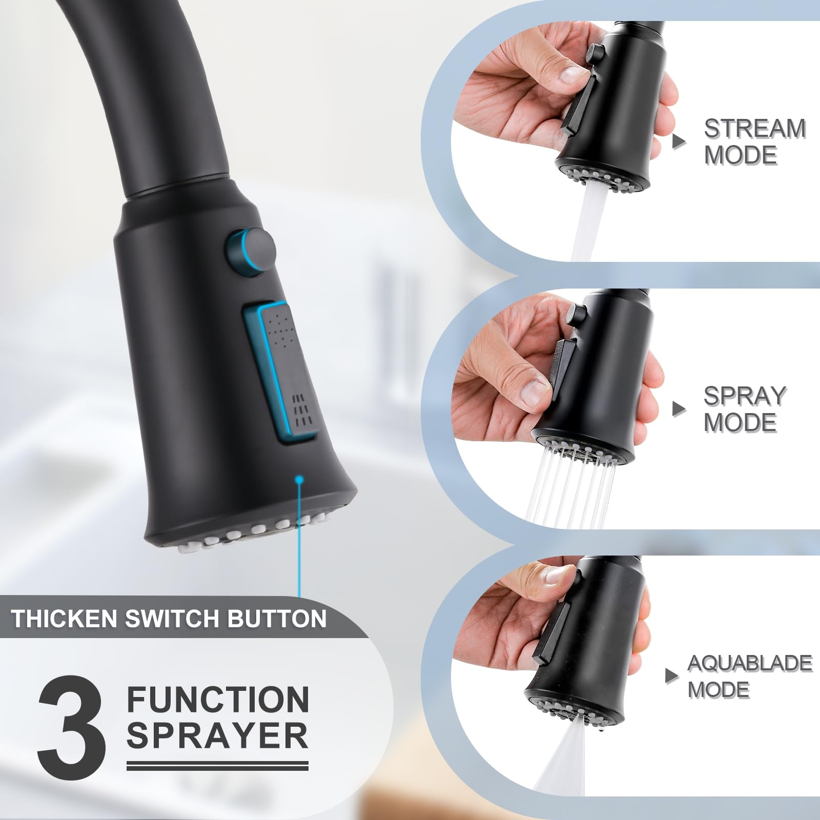 WOWOW Grifo de cocina con rociador, grifo de cocina de acero inoxidable de arco alto negro con pulverizador extraíble para fregadero de 2 o 4 agujeros, grifo de fregadero de cocina extraíble con placa
