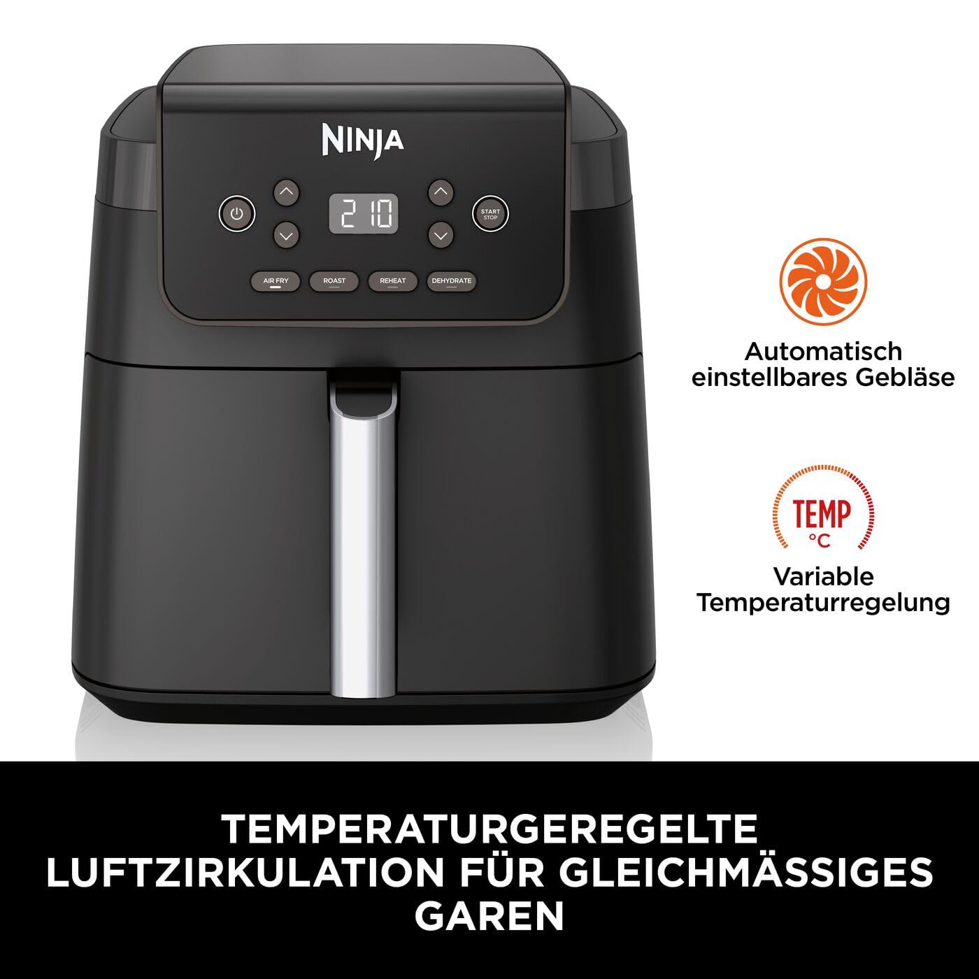 Ninja Heißluftfritteuse, 6,2 l, ohne Öl, große quadratische Schublade, Braten, Heißluftfrittieren, Dörren, Aufwärmen, digital, Antihaftbeschichtet, Spülmaschinengeeigneter Korb, Schwarz, AF170EU