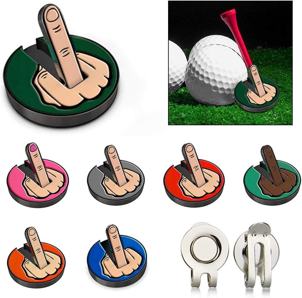 Funny middle finger golf cap clip & ball marker, 30 x 25 mm, made of manganese steel + stainless steel, for hat, belt or bag, colors: green/red/orange/grey/white/blue/light green