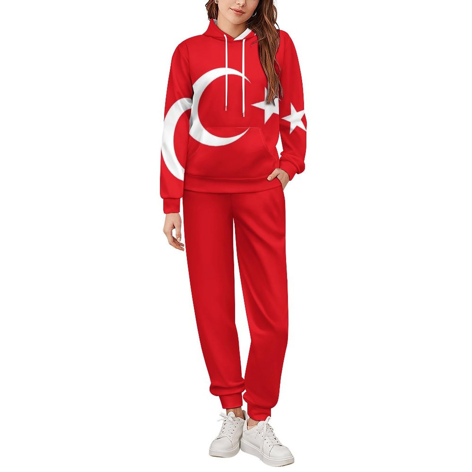 Tenue Deux Pièces Pour Hommes Et Femmes Avec Imprimé Drapeau Turc Sweat À Capuche À Manches Longues Pull-Over Et Pantalon Long Survêtement Unisexe Ensemble Complet De Jogging Et De Détente