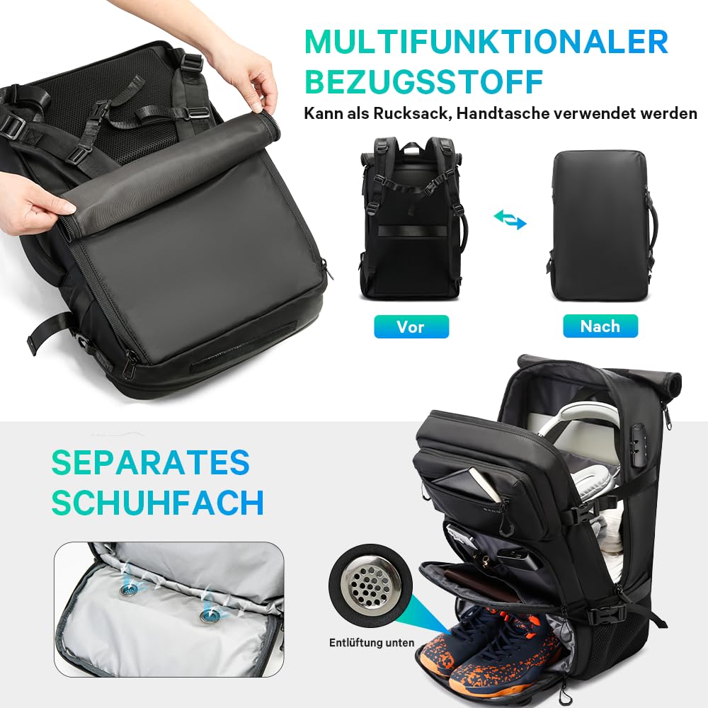 BANGE Anti-Diebstahl-Rucksack, 3-in-1-Handgepäck-Rucksack mit abnehmbarer Schultertasche und Schuhfach, wasserabweisend, für Business, Übernachtung, Reiserucksäcke für Damen und Herren, Schwarz, L