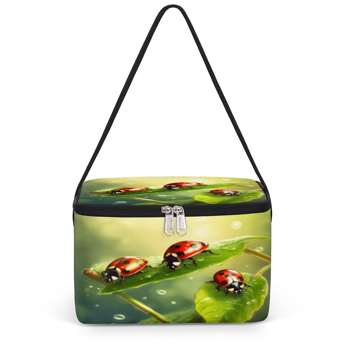 GzLeyigou Insect Ladybugs Lunch Bags for Women Men 9 Cans, Hot & Cold Food Delivery Bag Insulated Grocery Bag Insulated Lunch Box Green Leaves Cooler Bag for Office Work Picnic Beach