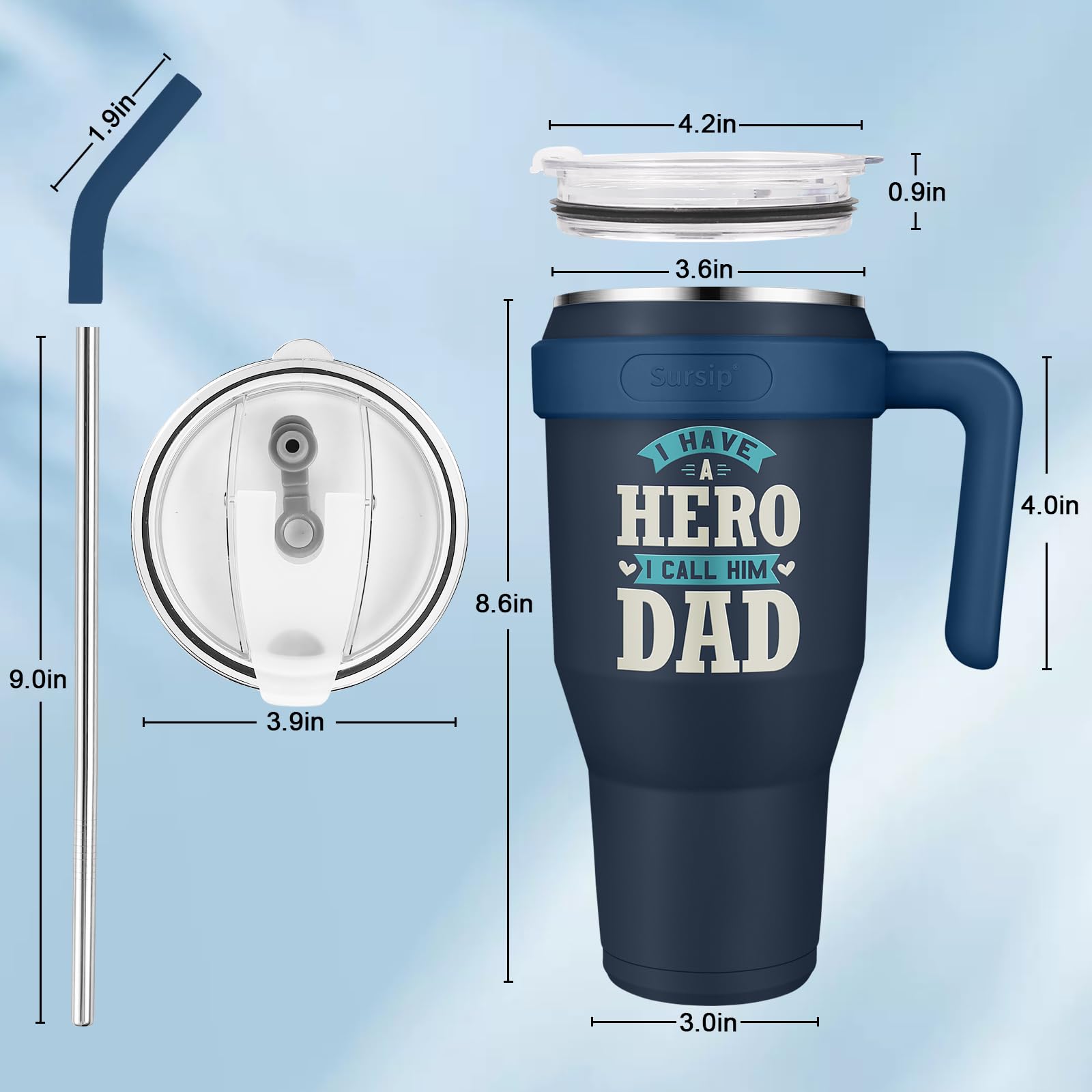 Sursip 40 oz Insulated Tumbler with Handle and Straw-Stainless Steel Vacuum Insulated Mug,Gifts for Women Men Him Her,Iced Tea or Coffee,My Hero Dad(Dark Blue)