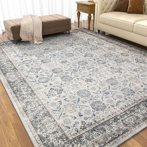 9x12 Washable Area Rug for Living Room Bedroom - Vintage Boho Carpet Large Soft Distressed Floral Floor Rug for Dinning Room Playroom Home Office Indoor Room Decor,Grey&Blue Cover