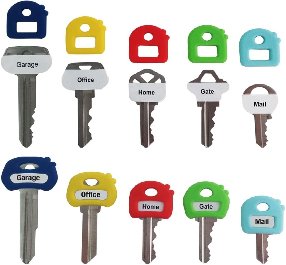 Label-Label Key Cap Covers Stretchy Fits Mosty Keys + Free Key Chain & ID Tags โ Rubbery Fit for Most Keys (8 Pack Multicolor) for Soft, Good Grip
