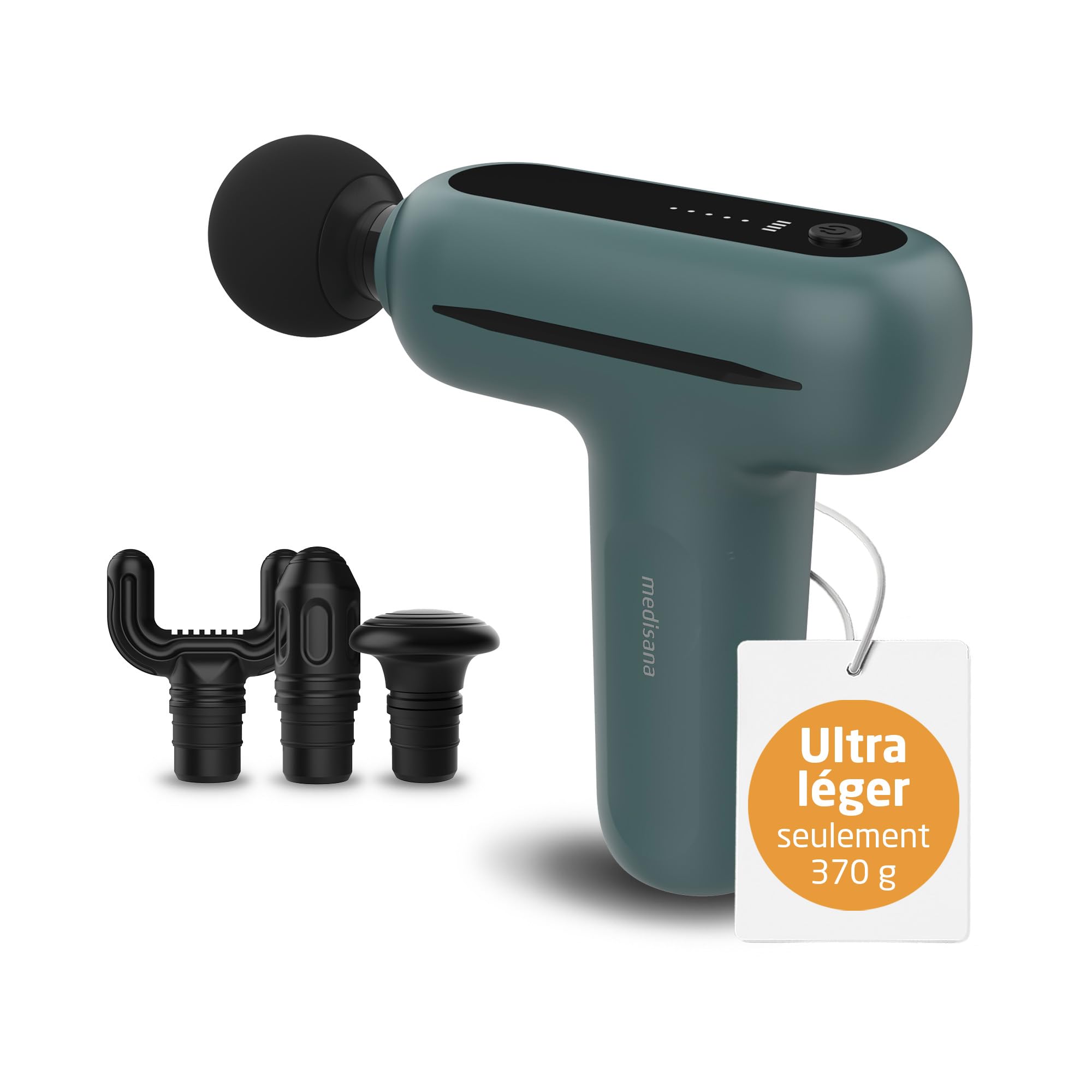 medisana MG 200 mini massage gun, pistolet de massage avec 4 embouts | appareil de massage avec mode Smart et 5 intensités pour détente, longue durée de batterie, avec boîte de rangement