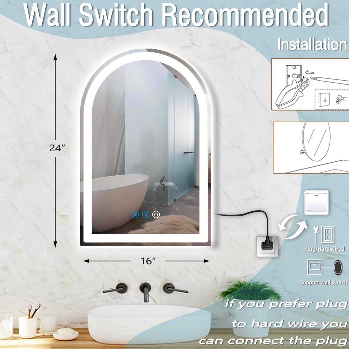 LED Arch Mirror with Lights 16 x 24 Inch Arched Lighted Mirror for Bathroom Makeup Table Wall Arch Vanity Mirror with Light Smart Memory 3 Color Dimmable AntiFog LED Arched Mirrors