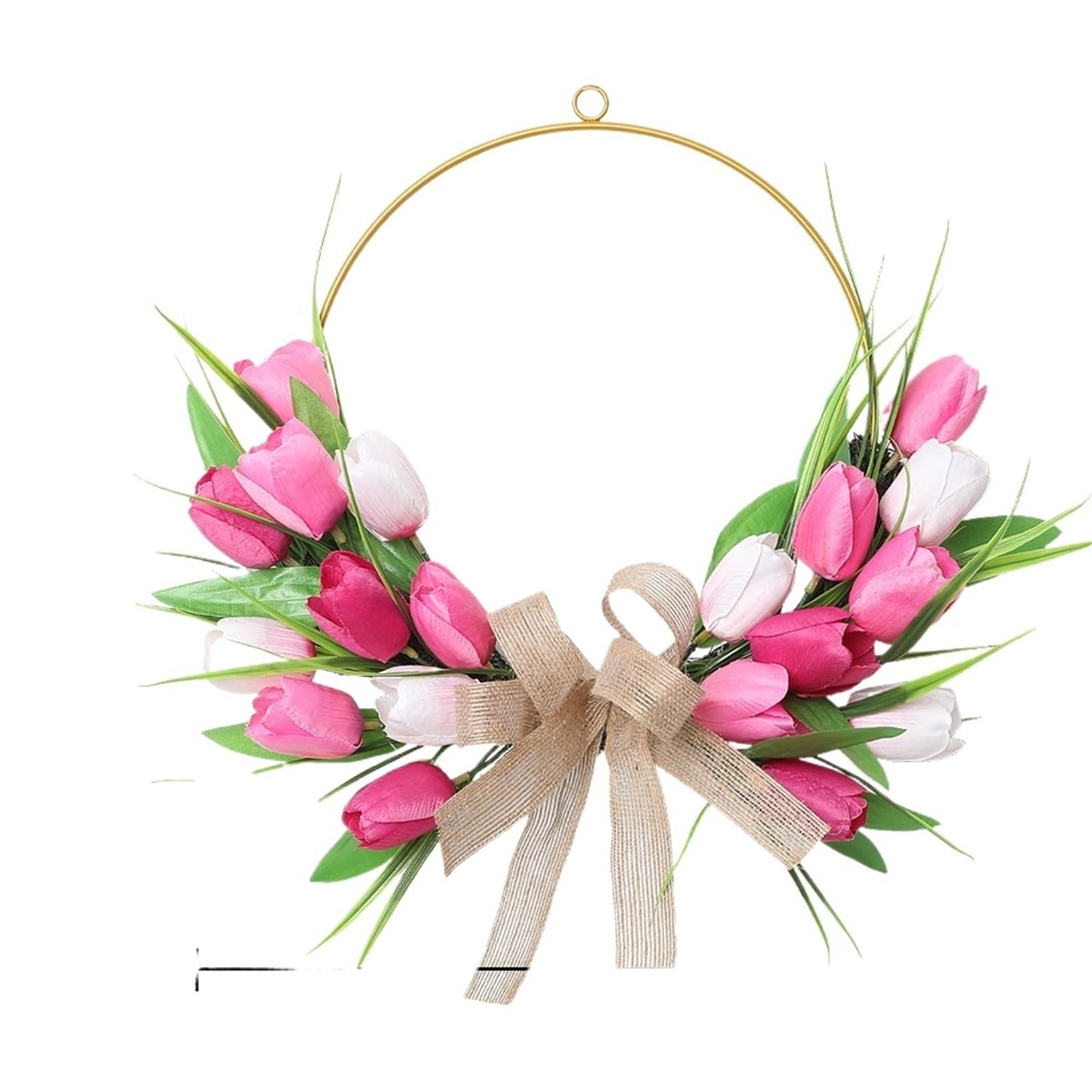 Door Wreath Artificial Tulip Wreath Room Decoration Valentine's Day Gold Hoop Floral Wreaths For Spring Easter Home Wall Front Door(Pink)