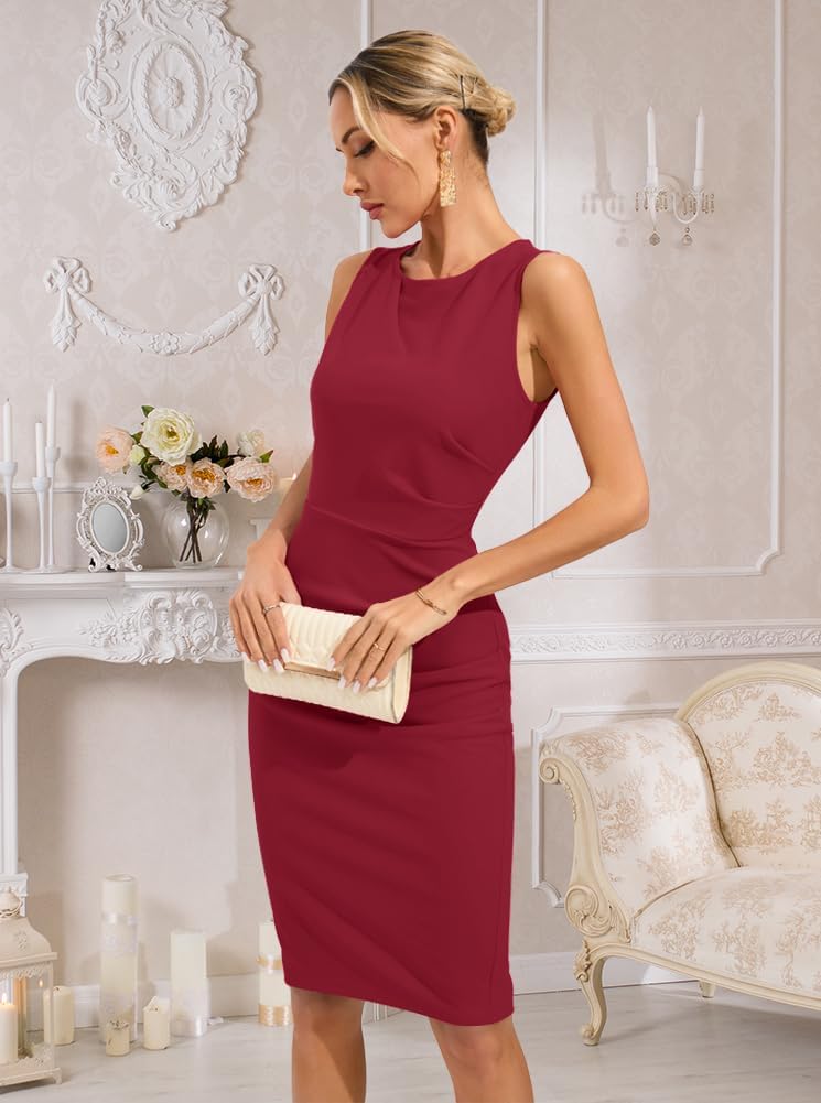 oten Womens Crew Neck Sleeveless Ruched Bodycon Sheath Work Cocktail Party Pencil Dresses - Image 4