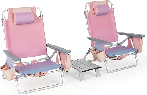 Goplus Sillas de playa tipo mochila, 3 sillas de camping portátiles con mesa, bolsa fresca y soporte para tazas, sillas reclinables al aire libre de