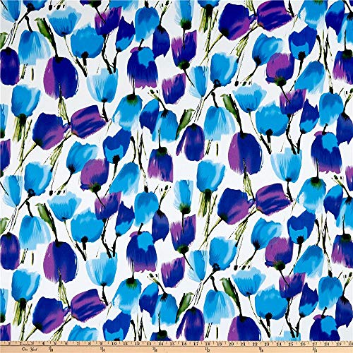 Telio Bloom Stretch Cotton Sateen Tulip White Blue Purple, Fabric by the Yard