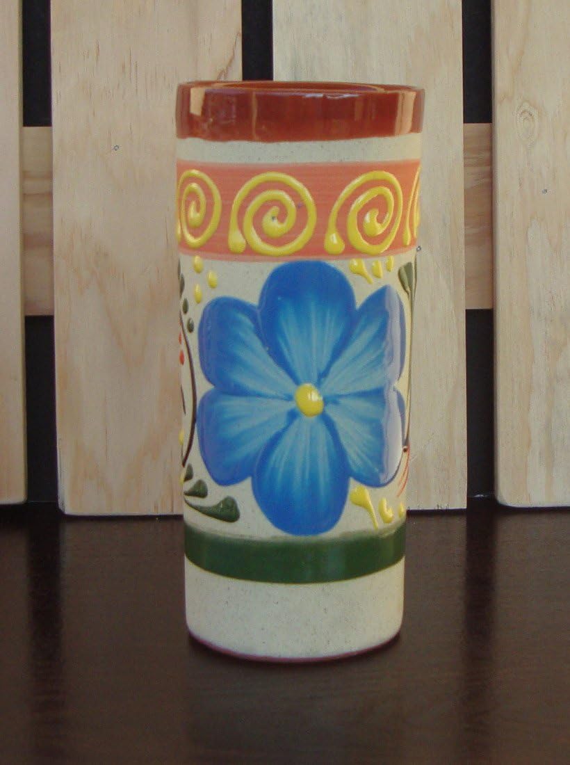 Ceramic Cup Vase Talavera Style Decor Mexico Art Red Clay Pottery Handcraft [Flower on white]