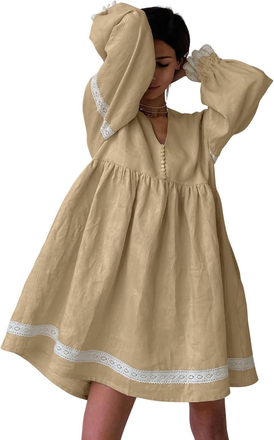 chouyatou Women's Cute Cotton Linen Loose Babydoll Dress Lantern Long Sleeve Lace Trim Mini Dress with Pockets