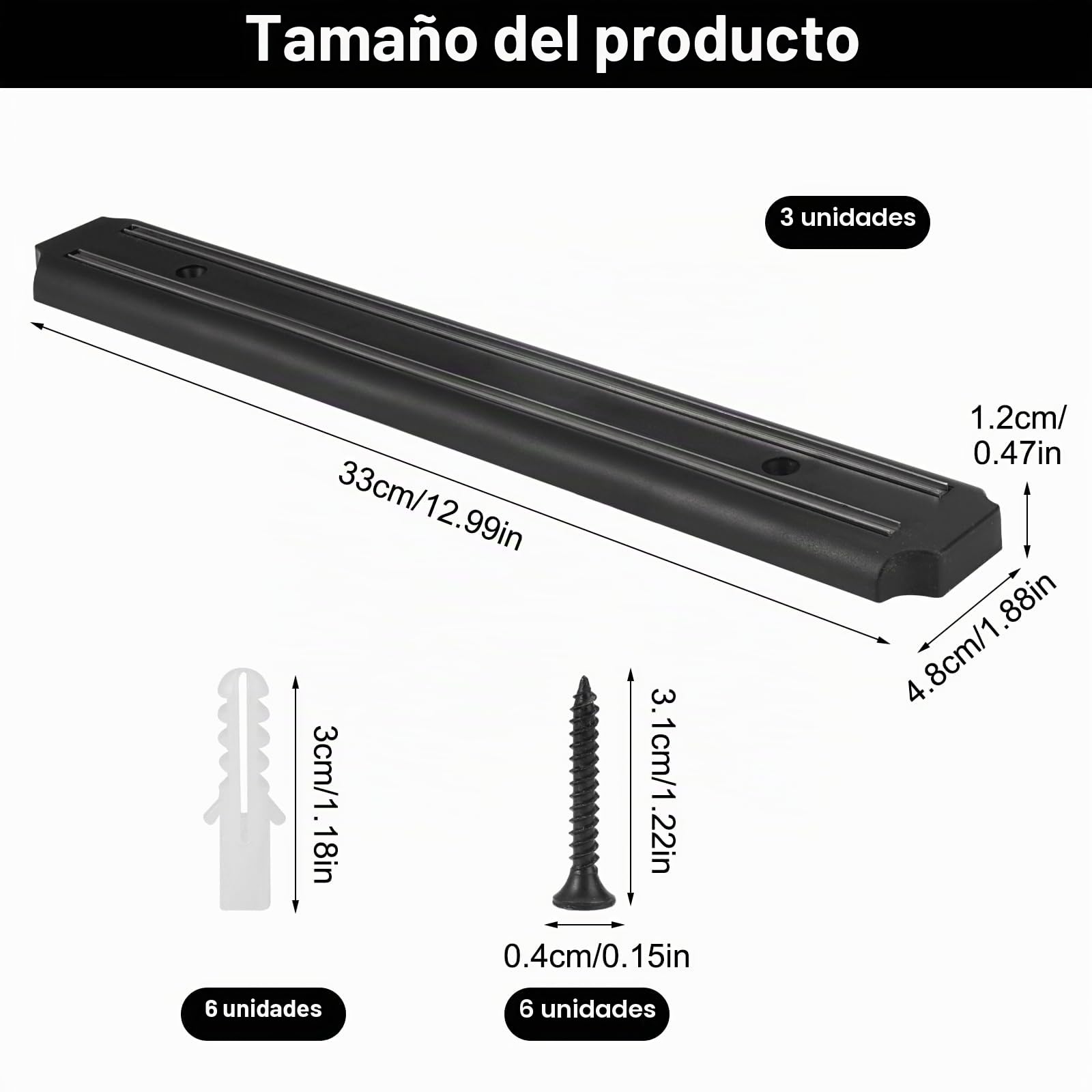 3 Piezas Soporte Magnético Cuchillos, 33cm Barra Magnética para Cuchillos de Acero Inoxidable, Soporte Magnético para Cuchillos Cocina, Barra Magnética Universal con Imán Fuerte y 6 Tornillos