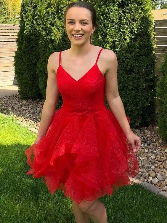 Glitter Tulle Short Prom Dress Spaghetti Straps V Neck Tiered Homecoming Dresses for Teens 2025 Sparkly Cocktail Gown3