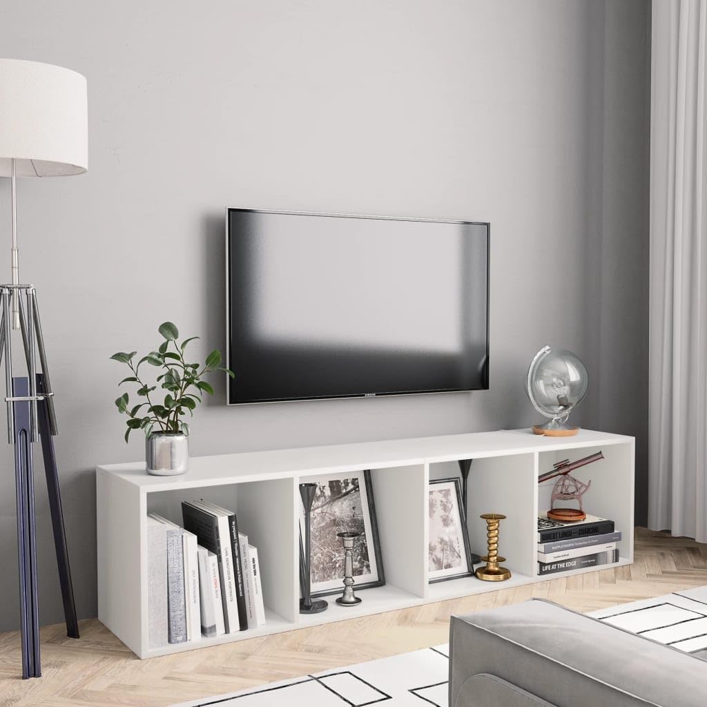 Fengshui Regał na książki, szafka pod telewizor, biały, 143 x 30 x 36 cm, 4-komorowy regał z materiału drewnopochodnego, do powieszenia lub stojącej, wszechstronne miejsce do przechowywania książek