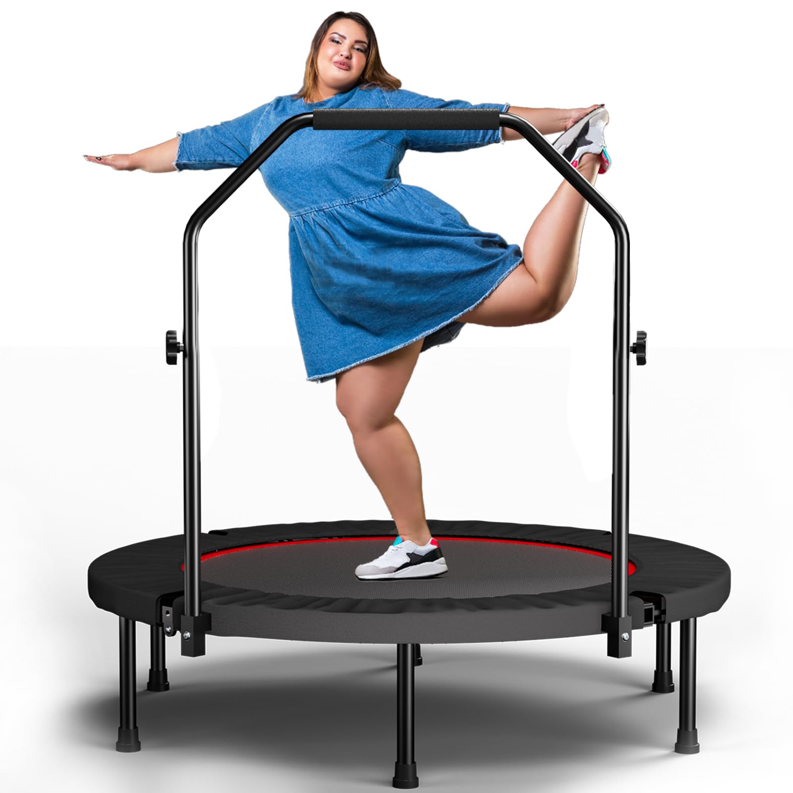 Trampolina fitness, składana, 101 cm, z uchwytem mocującym, mini trampolina z 30 linami bungee, cicha i przyjazna dla stawów, uchwyt N z regulacją wysokości, 6 nóg – trampolina do domu i cardio