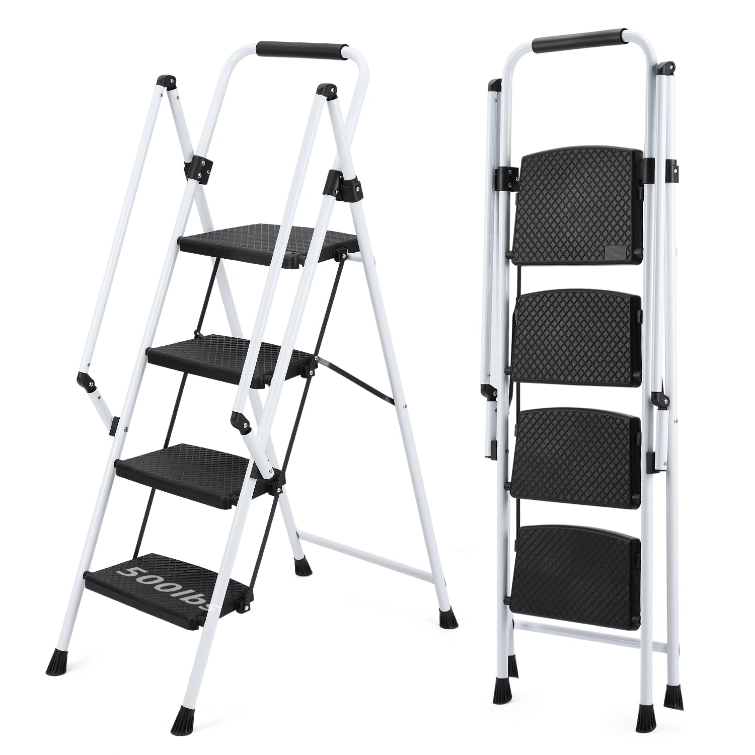 4 Step Ladder,Folding 4 Step Stool with Handrails, Sturdy Steel Ladder with Wide Pedal, Ladders for Home Kitchen Pantry Office, 500 lb Sturdy Steel Ladder for Adults Portable