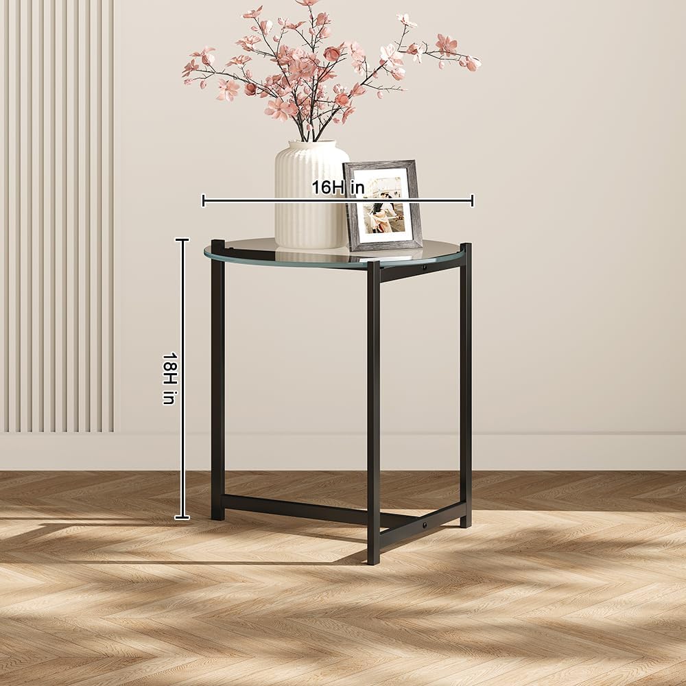 16 Inch Round Glass Coffee Table, Tempered Clear Glass Top with Sturdy Black Metal Frame, Easy Assembly Modern Side Table/End Table for Living Room, Bedroom, Office