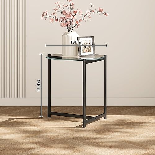 Miniatura 2 de Mesa auxiliar redonda de vidrio de 16 pulgadas, parte superior de vidrio transparente templado con marco de metal negro resistente, mesa auxiliar