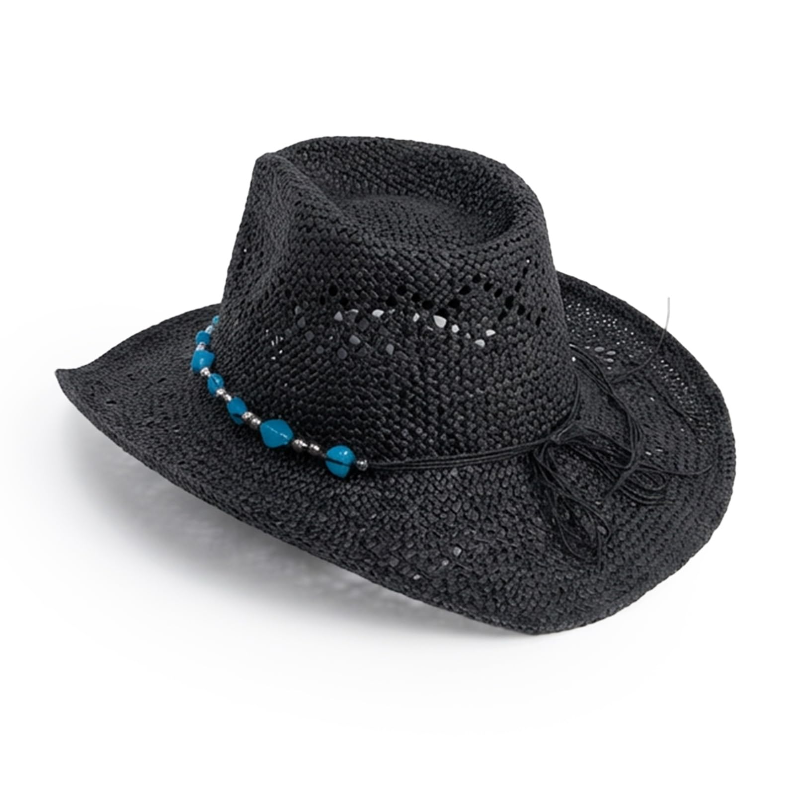 Chapeau de cowboy en paille pour femme - Chapeau de cowgirl western avec bordure en perles et bord malléable