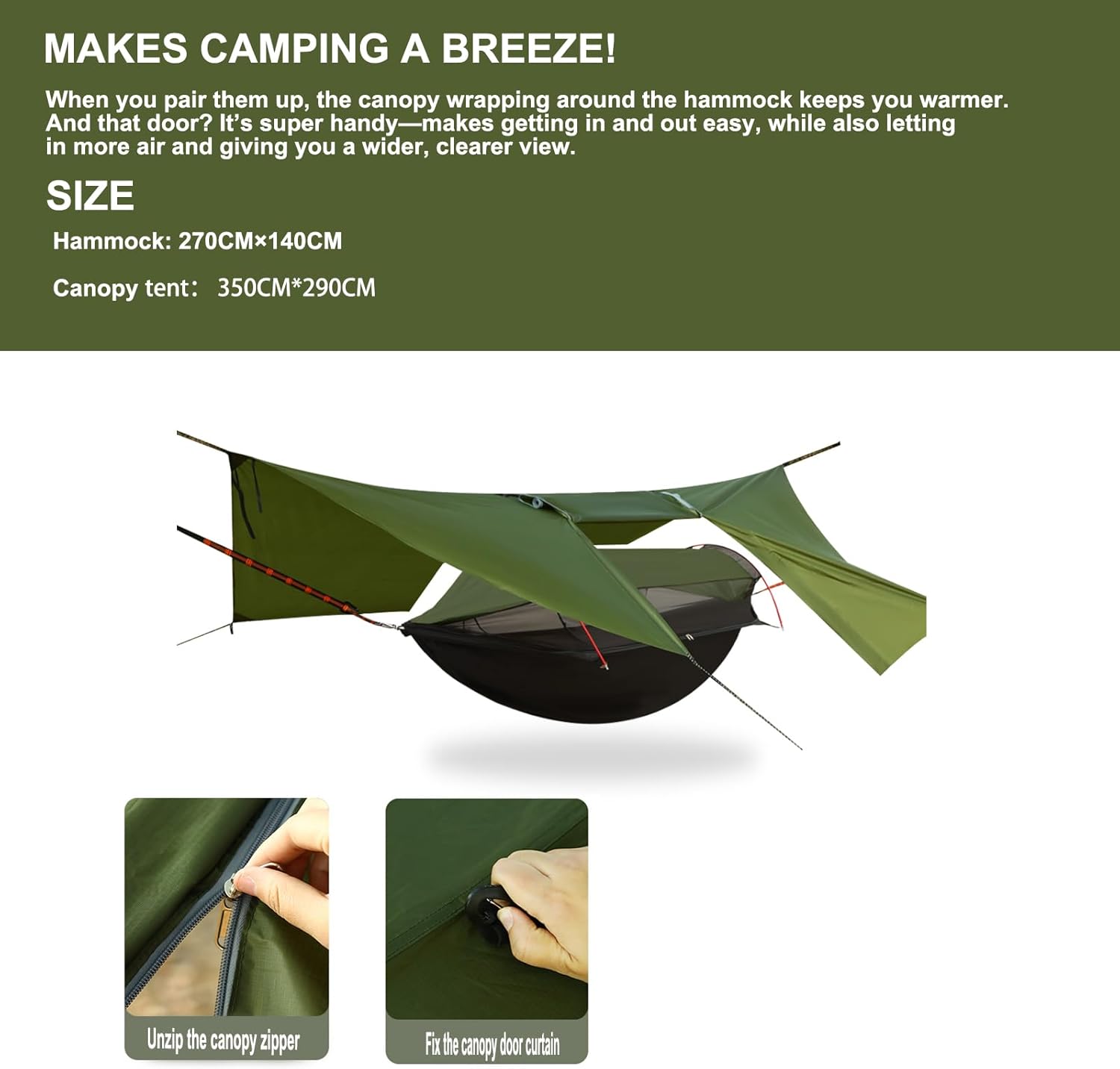 3-in-1 Camping Hammock Tent with Rain Fly, Quick-Zip Door & Curved Poles – Lightweight Shelter with Mosquito Net