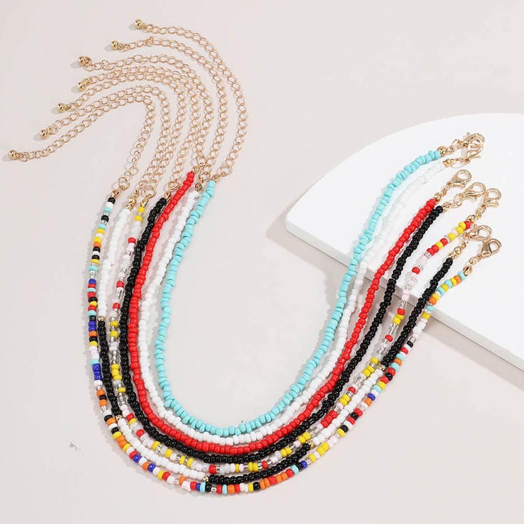 ACEDRE Boho Layered Beaded Choker Necklace Colorful Chokers 7Pcs for Women | Multi-colored Seed Beads Necklaces Bohemian Summer Beach Costume Jewelry