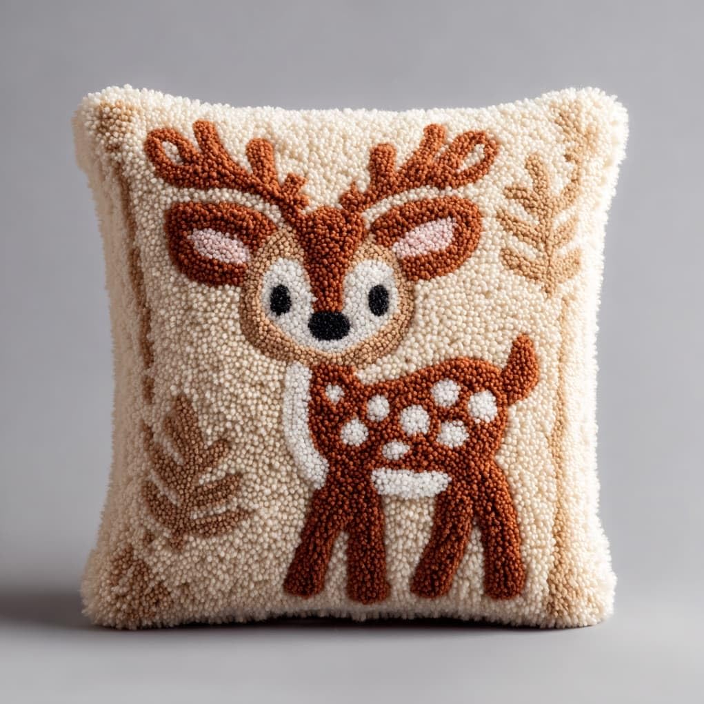 WallustrioaW Latch Hook Pillow Kits Pillow Cover,Cartoon Deer,Printed Canvas Knitted Hooking Pillowcase Cushion Crafts Crochet Home Decor Gift,17x17in