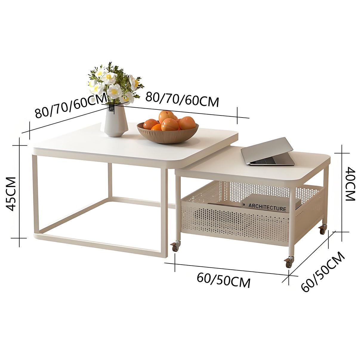Set di 2 tavolini da caffè con contenitore, design a incastro, piano in pietra e struttura in acciaio, tavolini moderni per soggiorno, camera da letto, ufficio