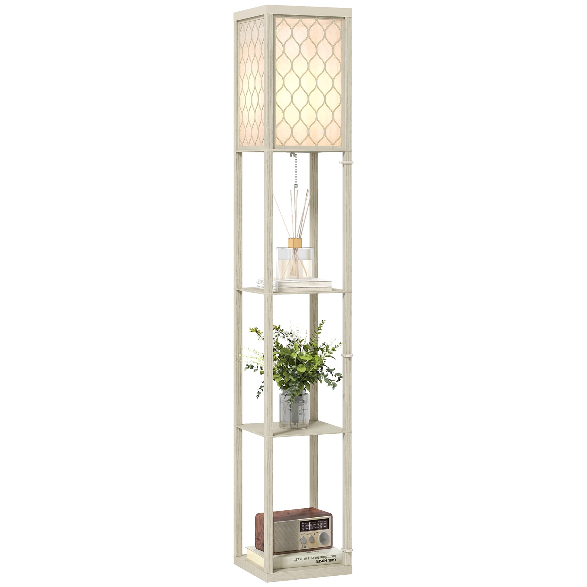 HOMCOM Modern Floor Lamp Light with 3 Shelves Fabric Lampshade in Light Oak