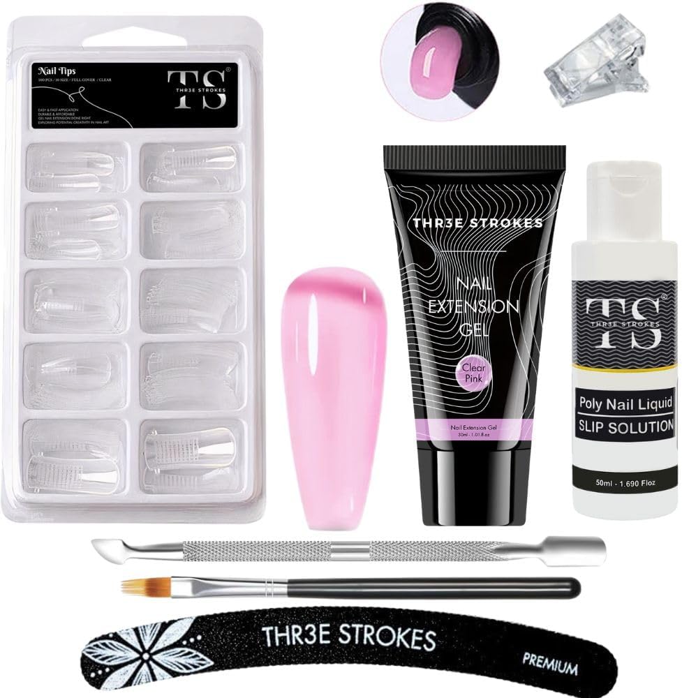 PolyGel Nail Extension Kit, Pink White Poly Nail Gel Builder Sheer Pink Nail Gel Clear Nail Art Kit with Poly Brush and Slip Solution Nail Salon, 30ml PolyGel, 1 Gel Brushes, Cuticle Pusher, Nail File, Clip, 30ml Slip Solution (simple kit ) (CLEAR PINK)