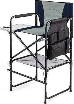 mefeir 31" Extra Tall Director Chair w/Side Table, Heavy-Duty Steel Frame Portable Folding Bar Stool w/Storage Pockets, for Makeup Artist, Salon, Studio, Camping, 300 lbs Capacity Navy