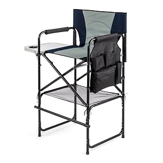 mefeir 31" Extra Tall Director Chair w/Side Table, Heavy-Duty Steel Frame Portable Folding Bar Stool w/Storage Pockets, for Makeup Artist, Salon, Studio, Camping, 300 lbs Capacity (Navy) - Amazon product rated Grade A