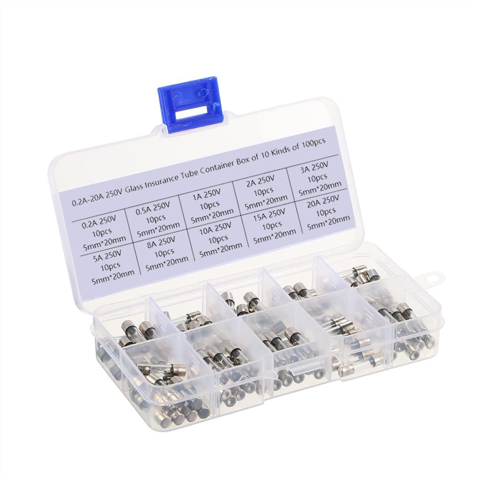 AVSBBYEPS Fuse 100Pcs/Set 5x20mm Quick Blow Glass Tube Assorted Kits,Fast-Blow Fuses 0.2A .5A 1A 3A 8A 10A 15A 20A