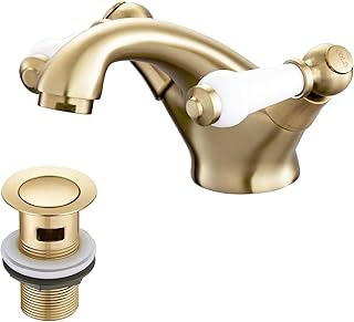Brushed Gold Victorian Bathroom Sink Tap with Drain Dual Ceramic Lever Brass Bathroom Tap with Pop Up Waste Basin Mixer Tap 032ANBG