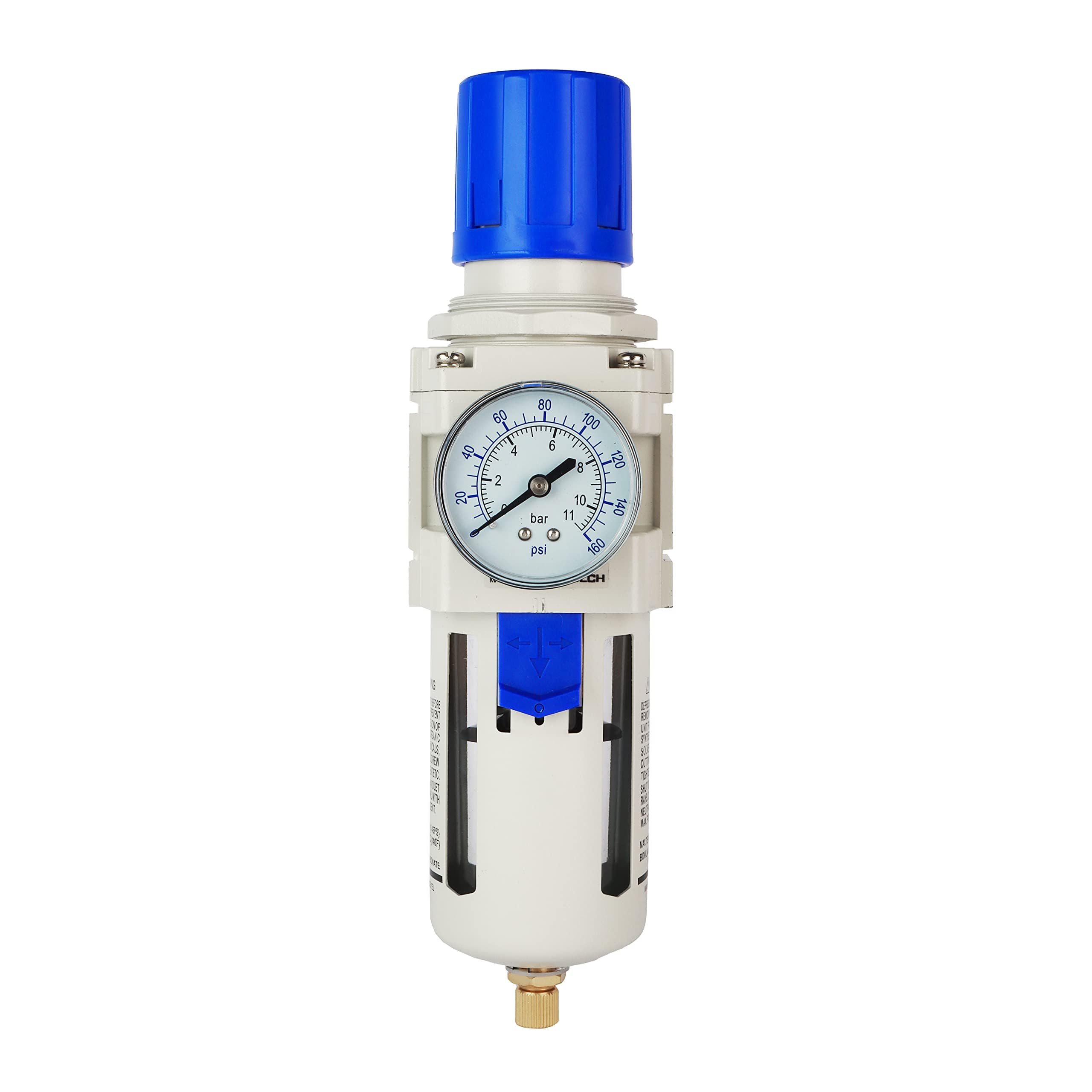 BLCH 1/2" BSP Kompressorluftfilter - Kombigerät aus Druckregler und Filter, Drucklufttrockner AW4000-04 mit halbautomatischem Ablass (Polycarbonat-Behälter) und Manometer (0-160 PSI, 5μm)