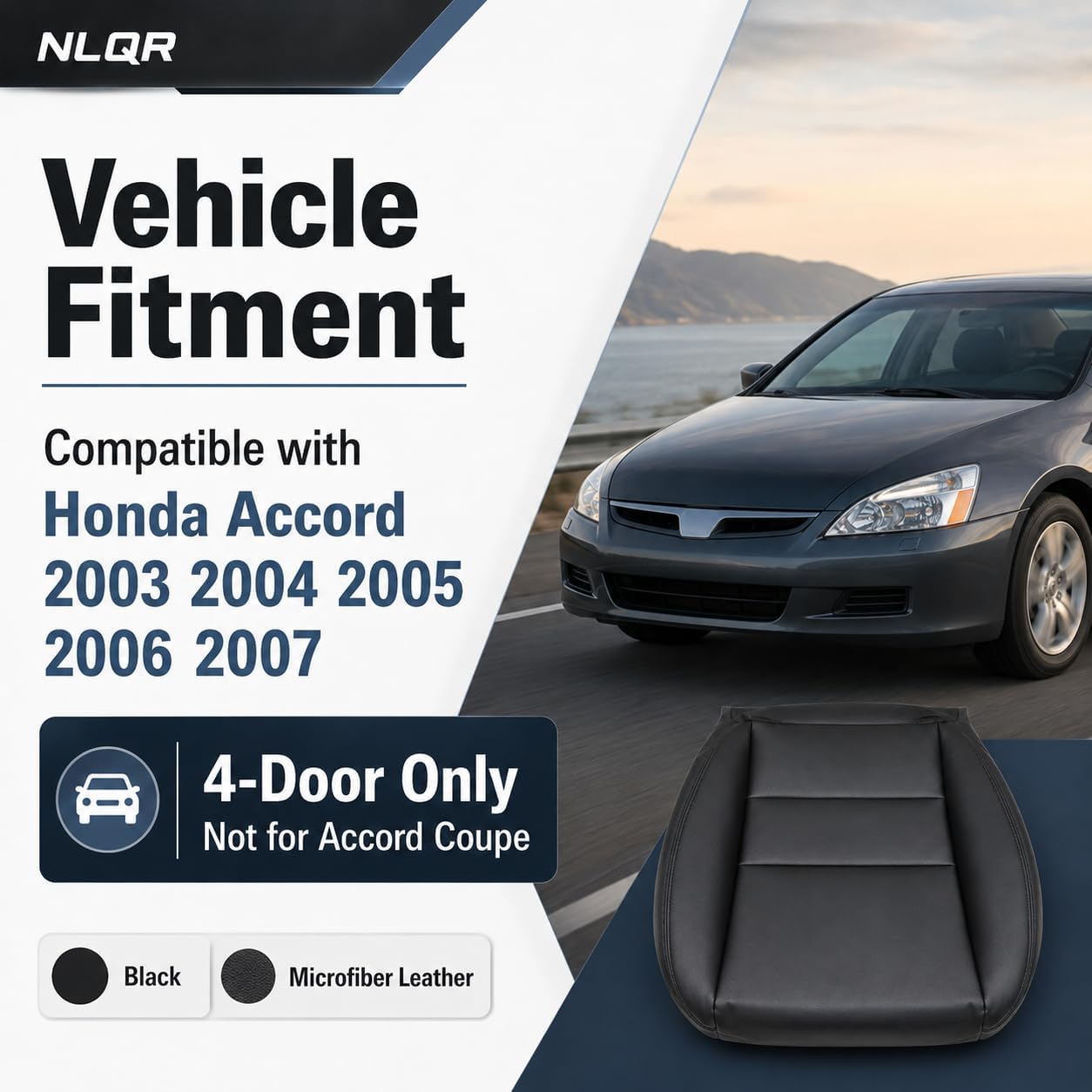 NLQR Front Driver Side Replacement Seat Cover Black Microfiber Leather Compatible with Honda Accord 2003 2004 2005 2006 2007