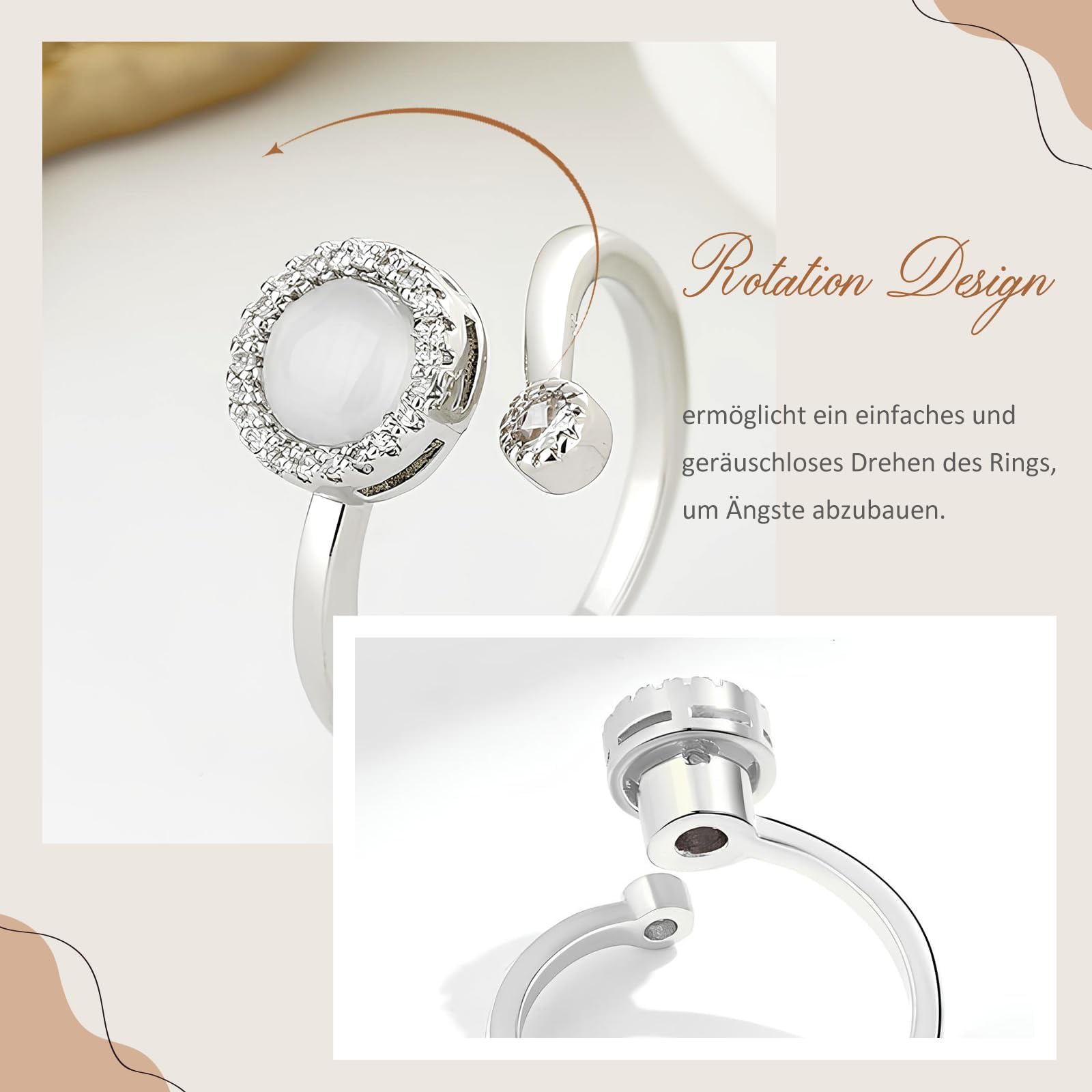 WBDWWTD KRFY Anillo de ansiedad para mujeres, anillo Fidget de plata para Adolescentes Niñas Niños, Anillos Fidget Ajustables con Spinner Abierto para Mujeres Ansiosas con Perlas Anillos para Pulgar