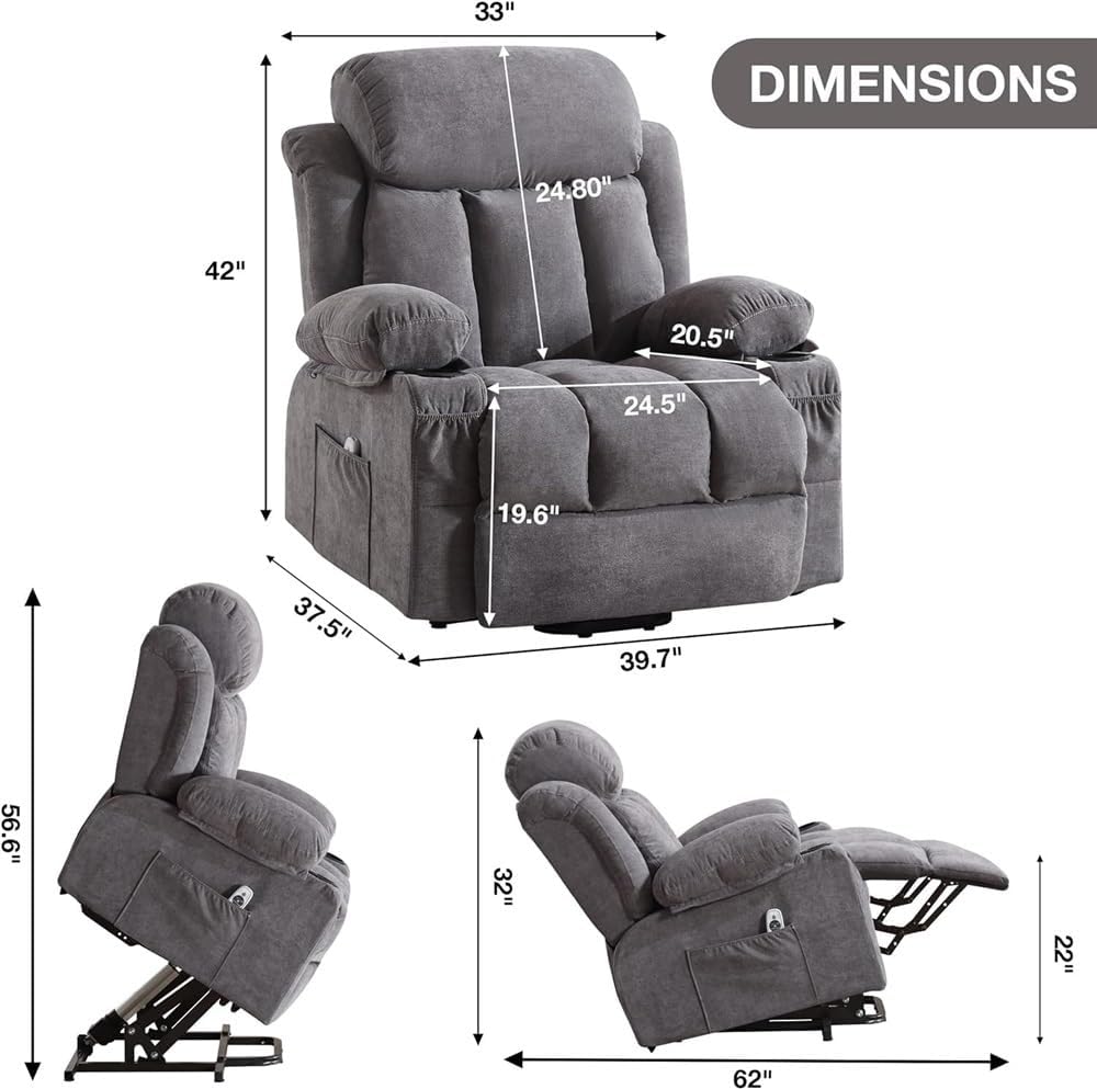 Electric Recliners Chair, Comfortable Power Lift Recliner Chair for Elderly with Heat and Massage - Living Room Recliner with Side Pocket, Cup Holders, USB Port, Remote Control