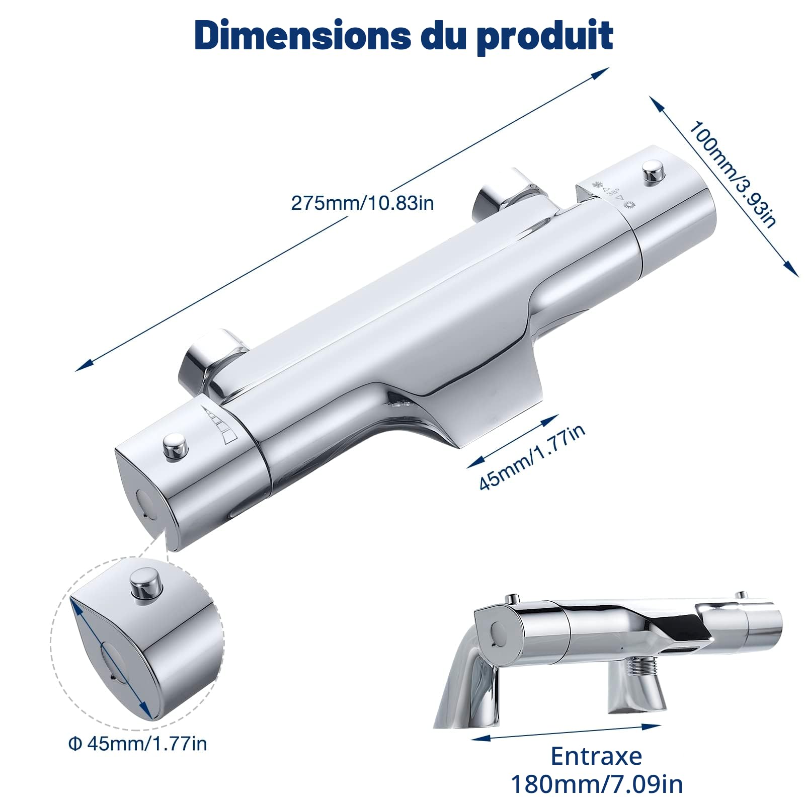 Mitigeur thermostatique pour baignoire/douche avec bec de remplissage cascade, sécurité à 38 ℃ anti-brûlure, robinet mitigeur thermostatique en laiton massif, chromé, 180 mm