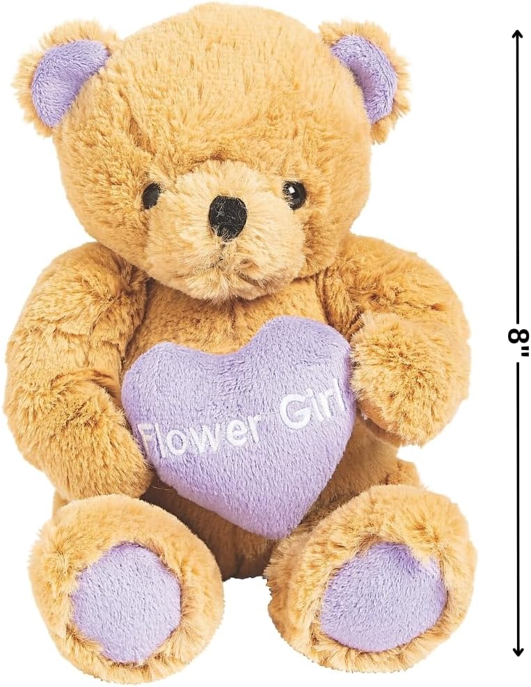 Fun Express Flower Girl Teddy Bear - Premium 8 Inch Stuffed Animal with Embroidered Purple Heart | Perfect Wedding Proposal Gift & Keepsake for Flower Girls from Bride