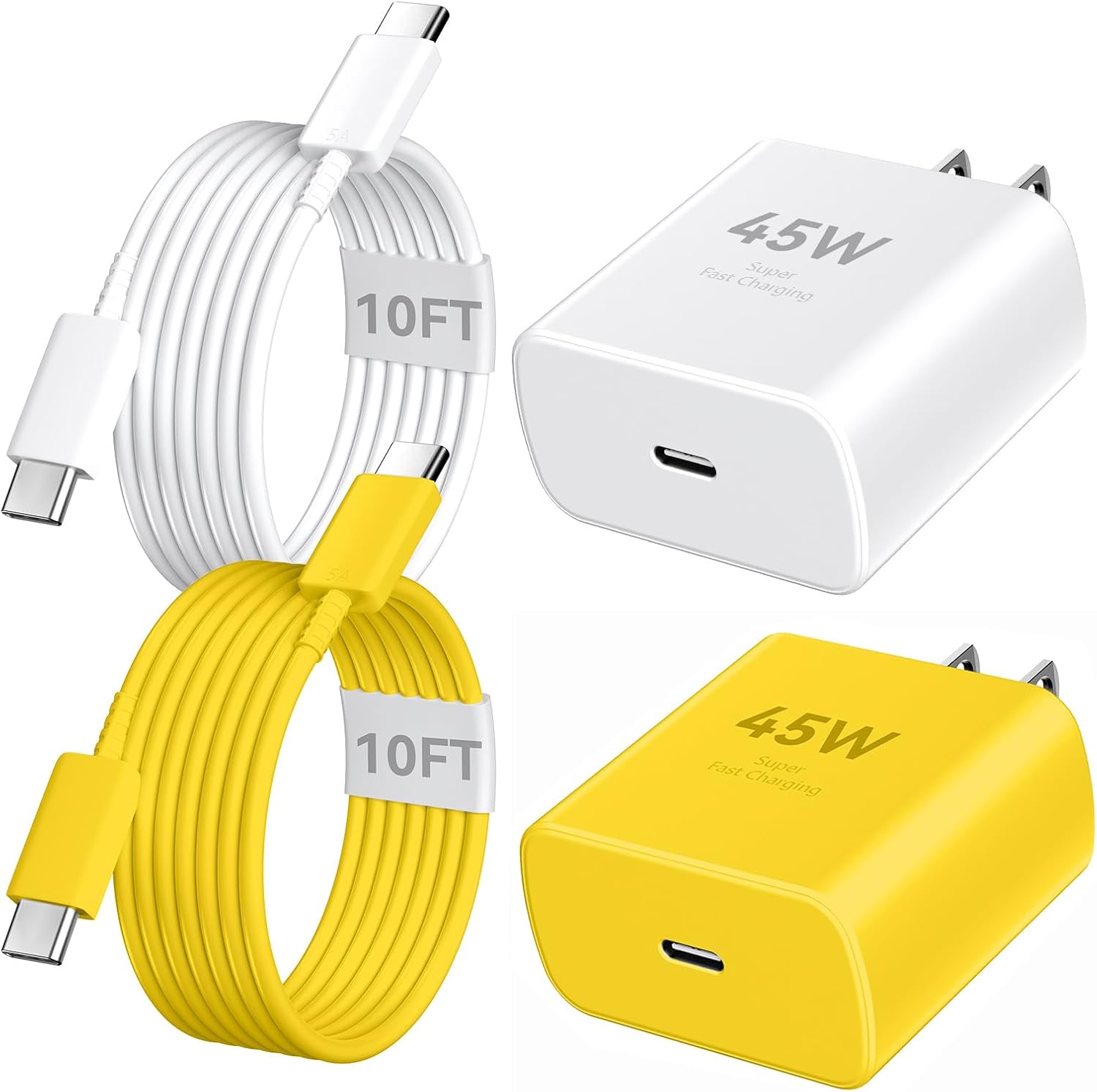 Phone 17 16 Pro Max Charger Fast Charging, 45W Super Fast USB C Charger Block with 10FT Extra Long Fast Charging Cable for 17 16 Pro Max/17 16/16 Plus,15 Pro Max/15 Pro/15, Android Phone-White+Yellow