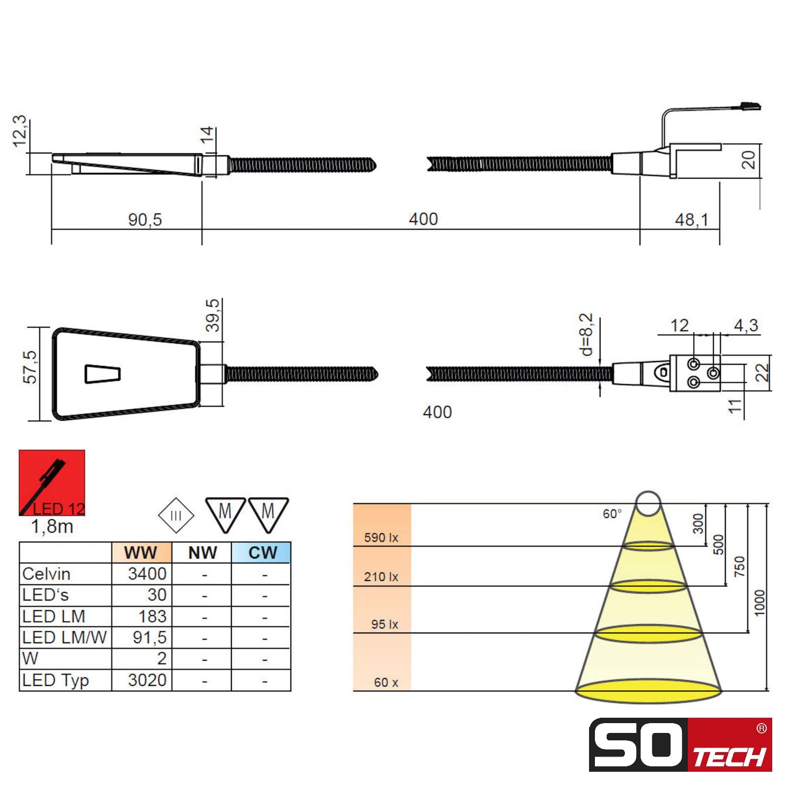 2 x SO-TECH® LED Bettleuchte Luminoso Weiß inkl. 1 x Netzteil Flexleuchte Leseleuchte Schwanenhalsleuchte